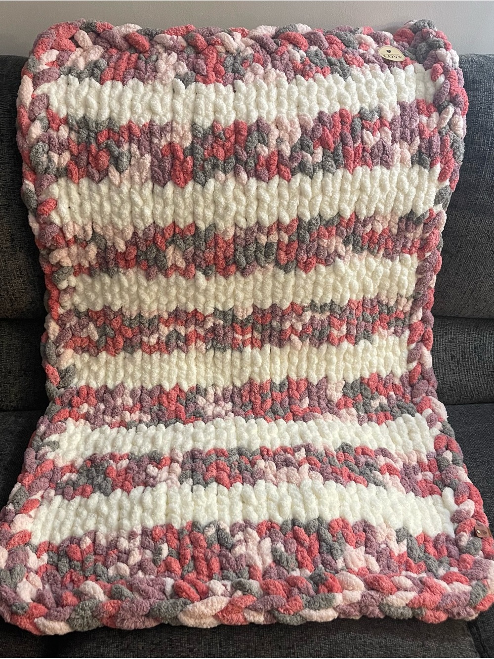 Chunky Plush Hand-knitted Baby Blanket - Pink, White & Grey Size: 30” x 45”